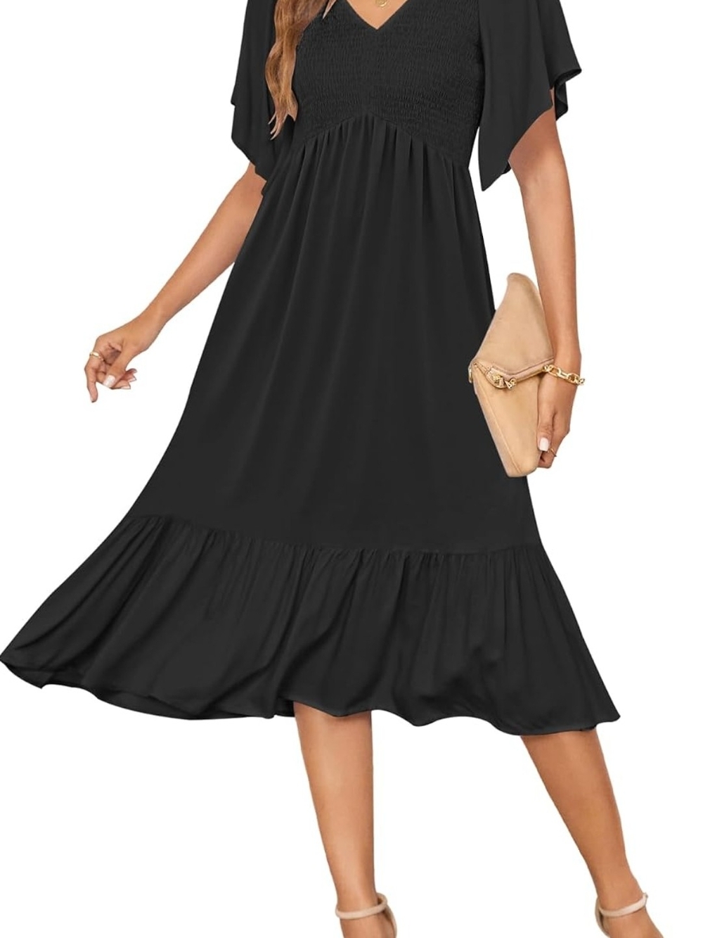 Women's Summer Empire Waist Dress Casual Midi Dress Short Sleeve V Neck Sundress